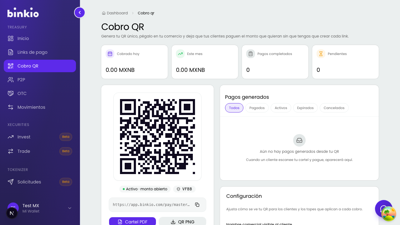 Página de Cobro QR — QR maestro de monto abierto, KPIs de cobro, pagos generados y configuración