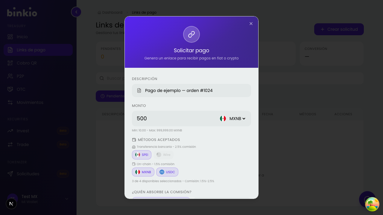 Formulario de creación de link de pago — monto, descripción, moneda y métodos de pago