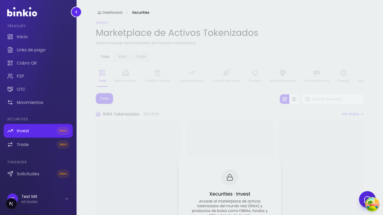 Marketplace de activos tokenizados — categorías RWA (bienes raíces, crédito/capital privado, fondos…) y tarjetas ERC-3643