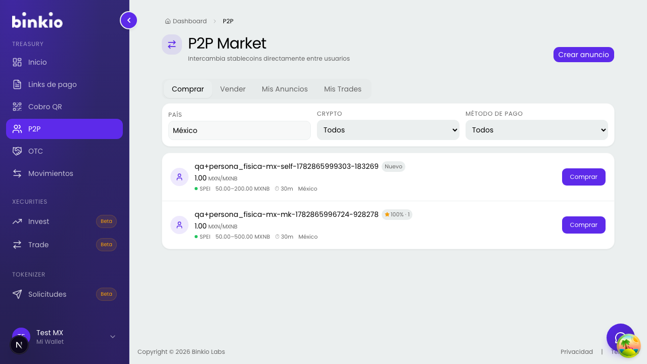 Mercado P2P — pestañas Comprar/Vender, filtros por país/cripto/método y filas de oferta