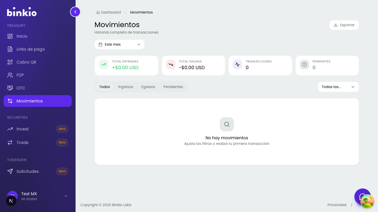 Movimientos — KPIs de entradas/salidas, filtros por periodo y tipo, y exportación