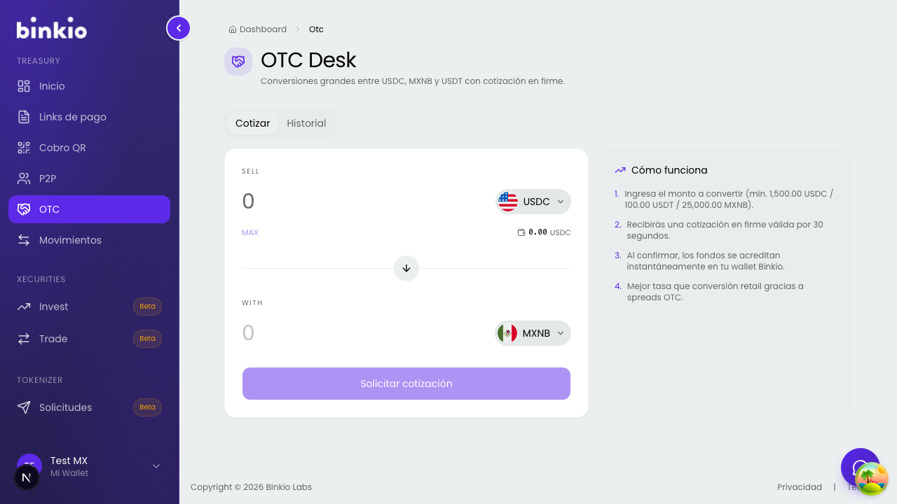 OTC Desk — convertidor con cotización en firme entre USDC/MXNB/USDT y el "cómo funciona"