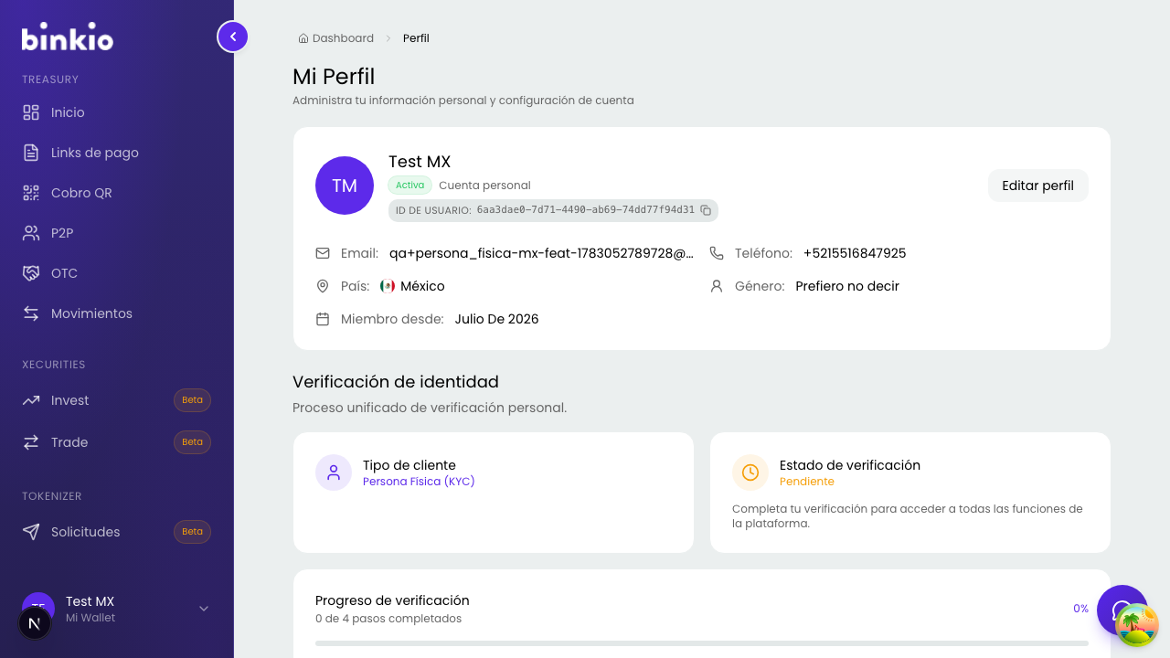 Perfil — datos de la cuenta, cuentas bancarias y estado de verificación