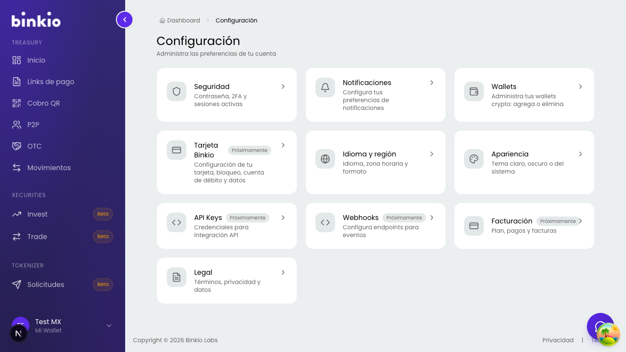 Configuración — tarjetas de Seguridad, Notificaciones, Wallets, Idioma, Apariencia, Legal y próximamente Tarjeta/API/Webhooks/Facturación