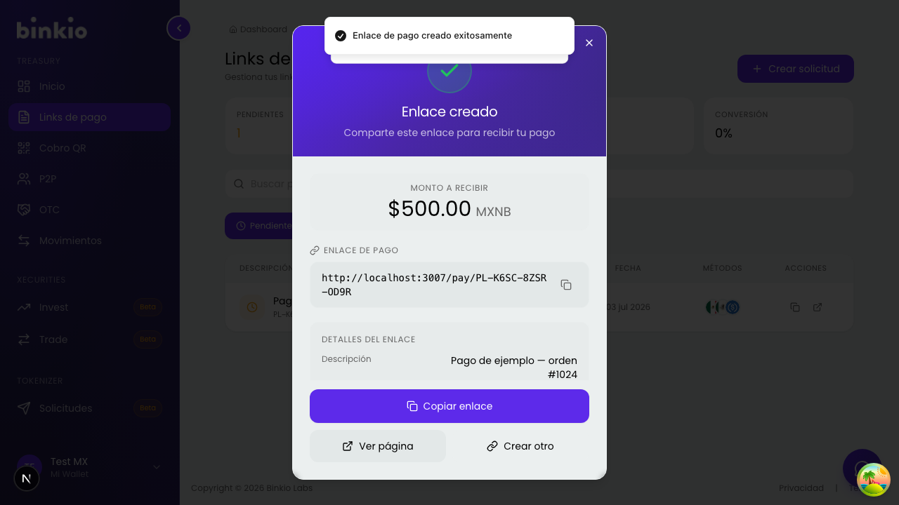 Pantalla de éxito con el código del link de pago generado