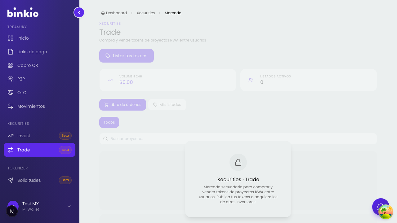 Vista de Trade — mercado secundario de activos tokenizados