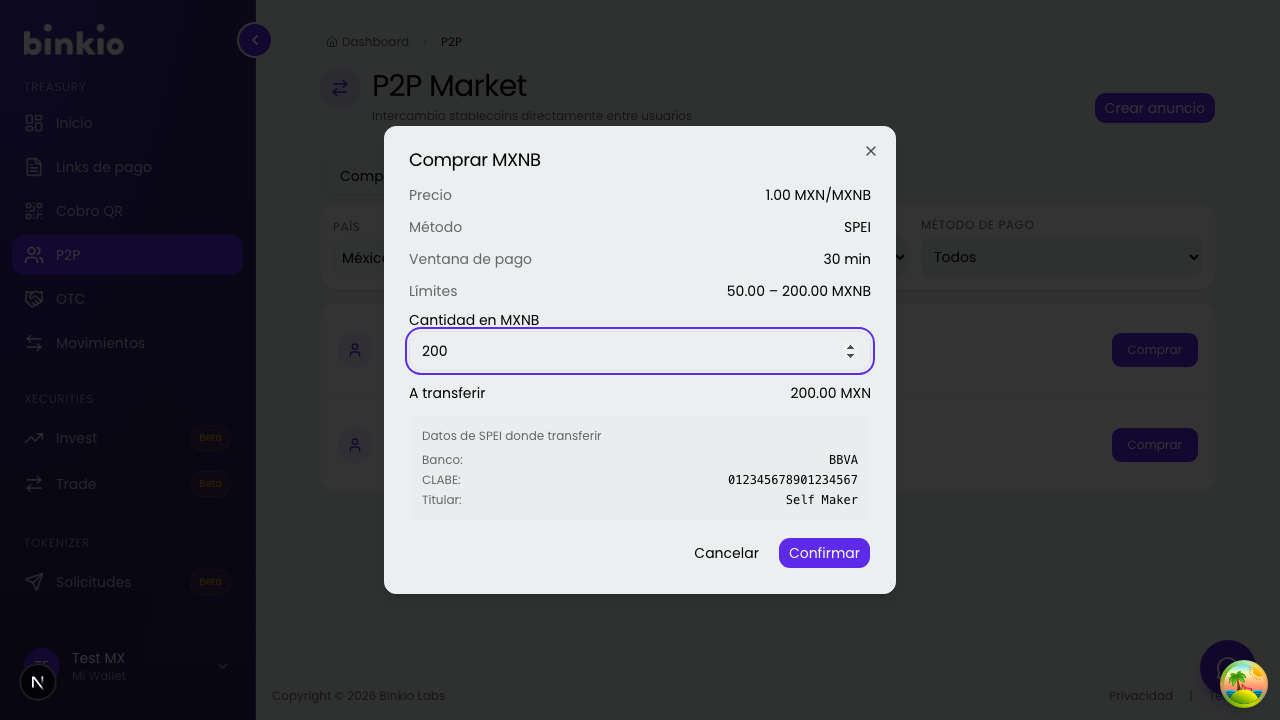 Modal para aceptar una oferta P2P — campo de cantidad y confirmar