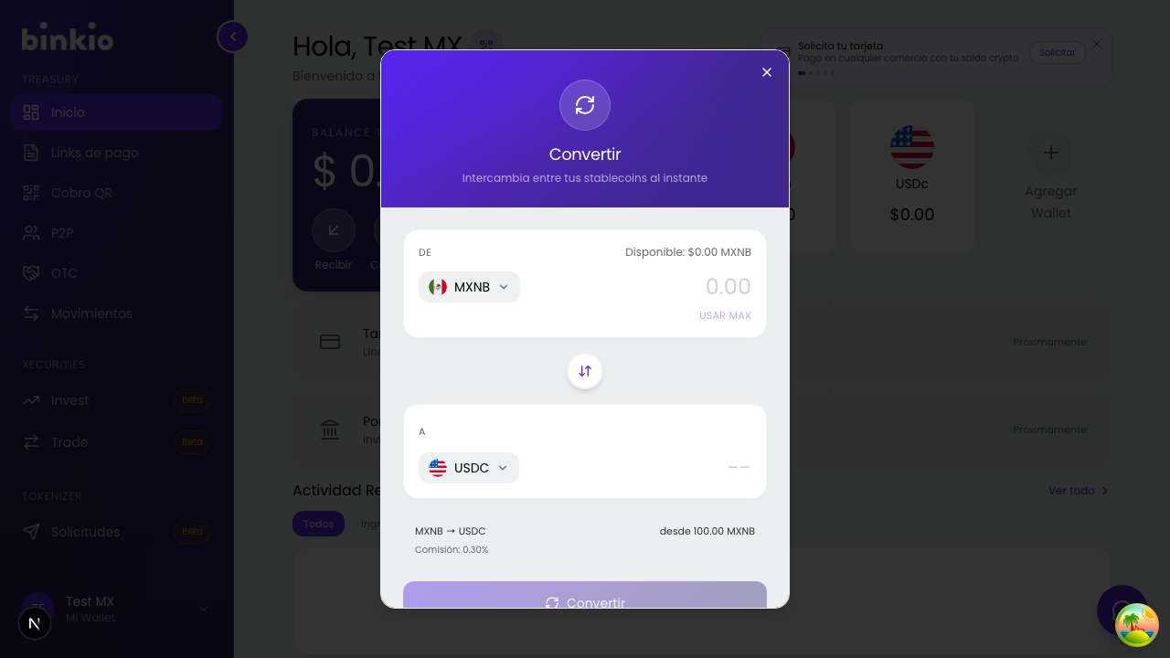 Modal Convertir — de MXNB a USDC, con mínimo y comisión visibles