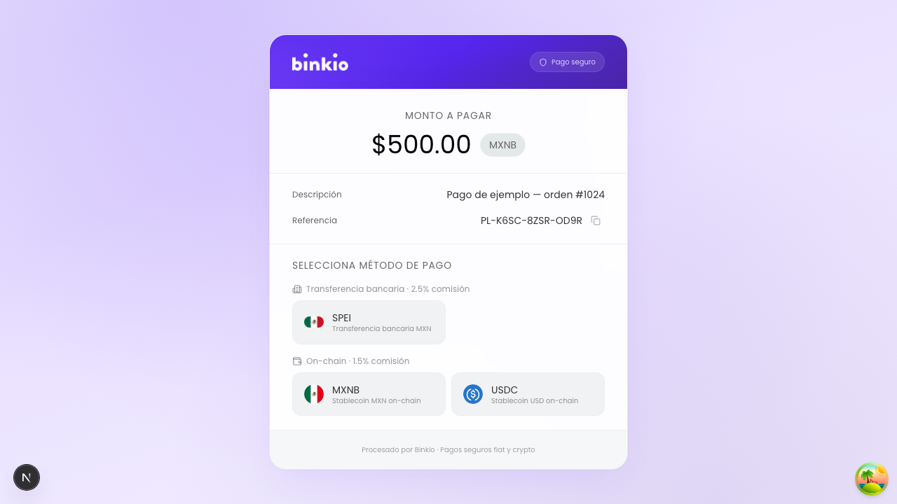 Página pública de pago — monto, descripción, referencia y selección de método (SPEI o on-chain)