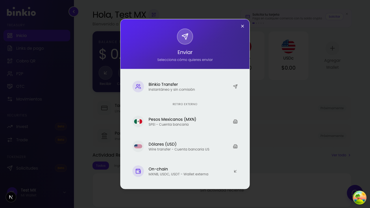 Modal Enviar — todos los rieles de retiro: transferencia Binkio, SPEI (MXN), wire (USD) y on-chain