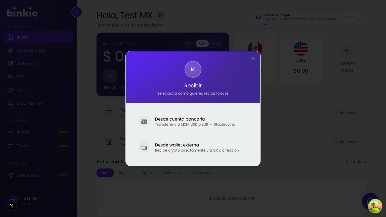 Modal Recibir — cuenta bancaria (SPEI/wire) o wallet externa (on-chain)