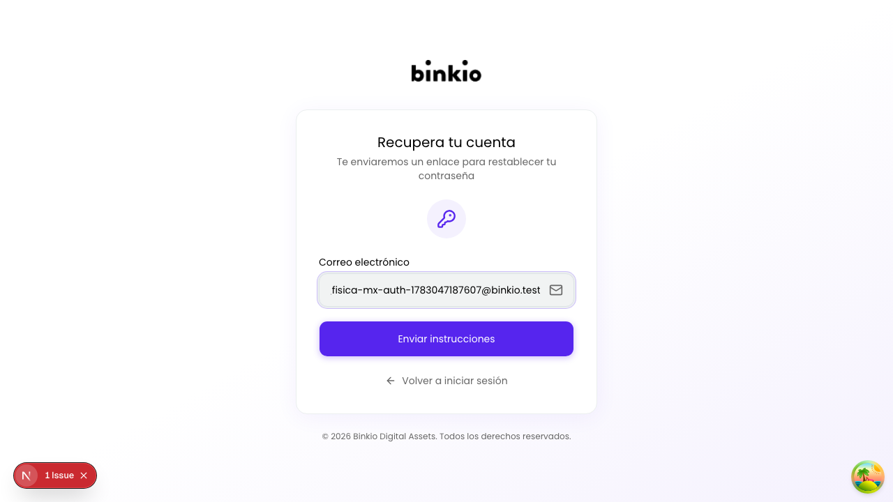 Recuperar contraseña, paso 1 — campo de correo para solicitar el enlace de restablecimiento