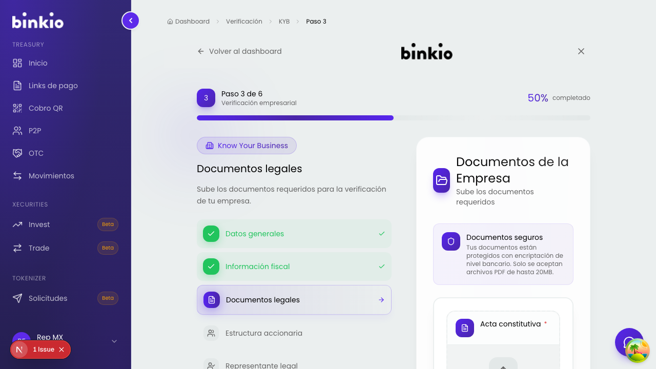 KYB paso 3 de 6 — carga de documentos legales de la empresa