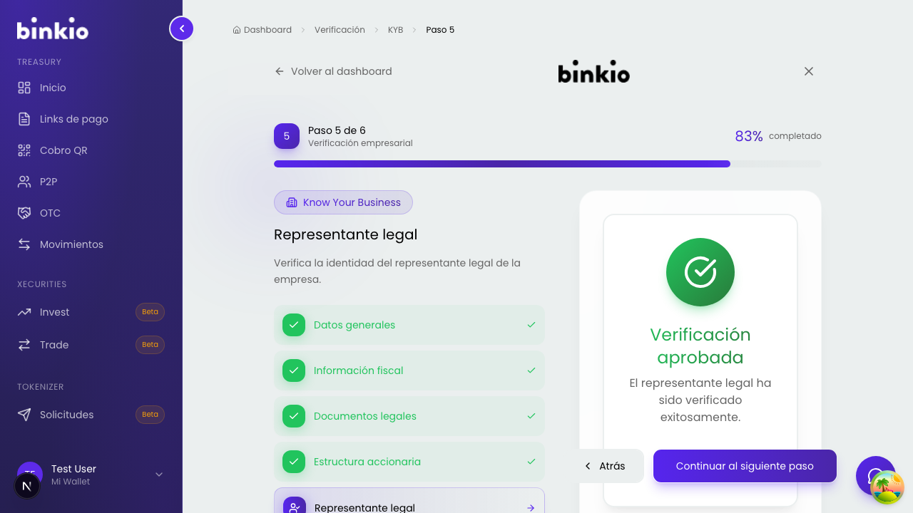 KYB paso 5 de 6 — representante legal verificado