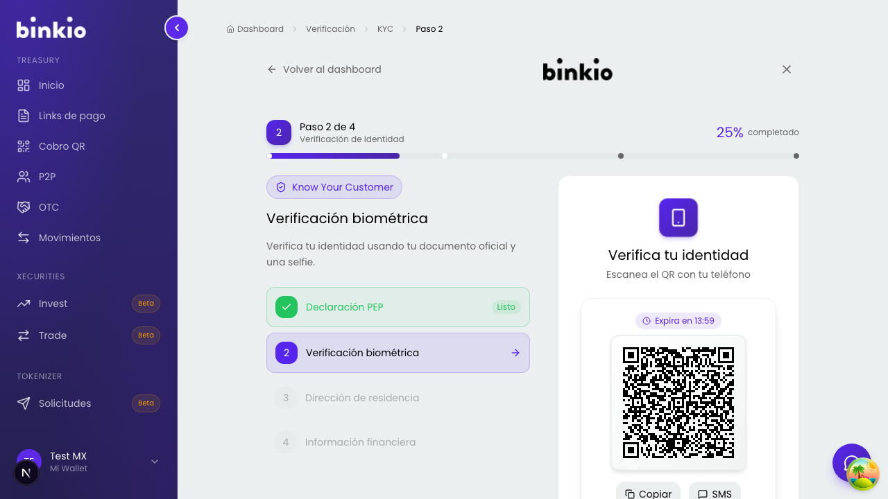 KYC paso 2 de 4 — pantalla de verificación biométrica de identidad y documento