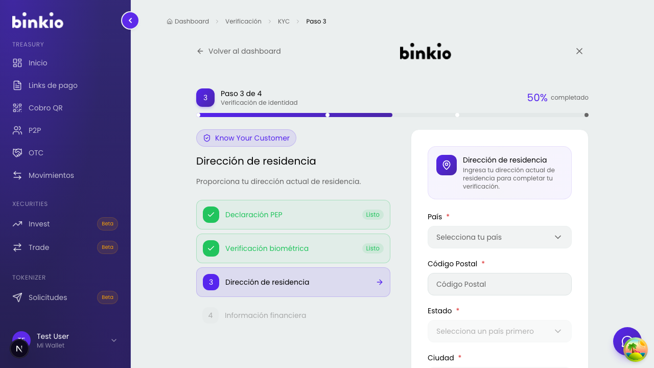 KYC paso 3 de 4 — formulario de domicilio: país, dirección, código postal, estado y ciudad
