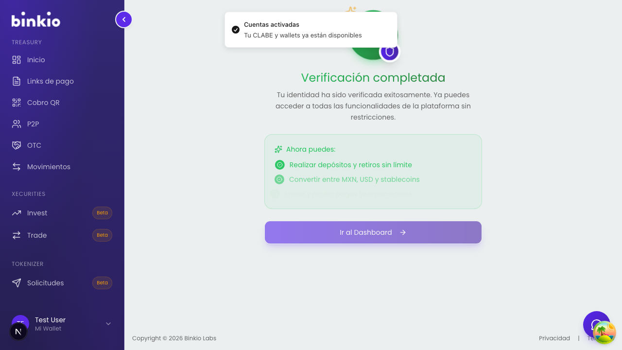 KYC completado — pantalla de verificación finalizada