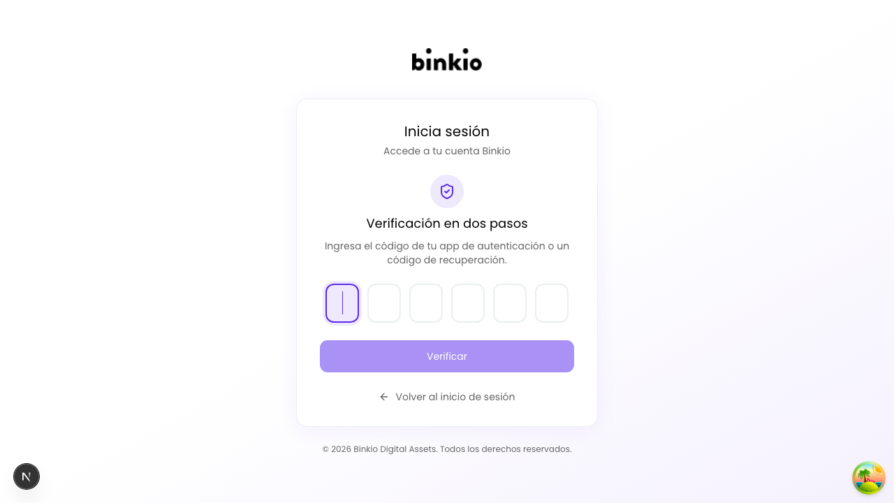 Verificación en dos pasos — campo de 6 dígitos para el código de la app de autenticación o un código de recuperación