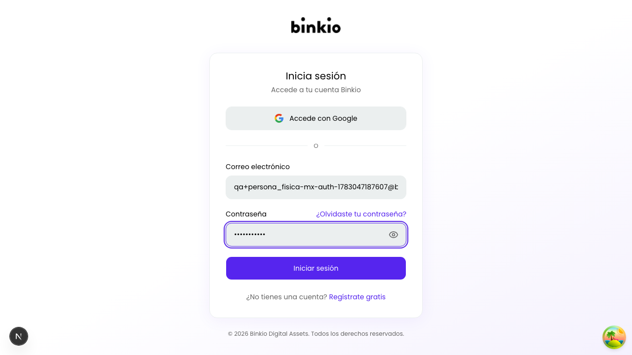 Pantalla de inicio de sesión — correo, contraseña, enlace "¿Olvidaste tu contraseña?" y acceso con Google