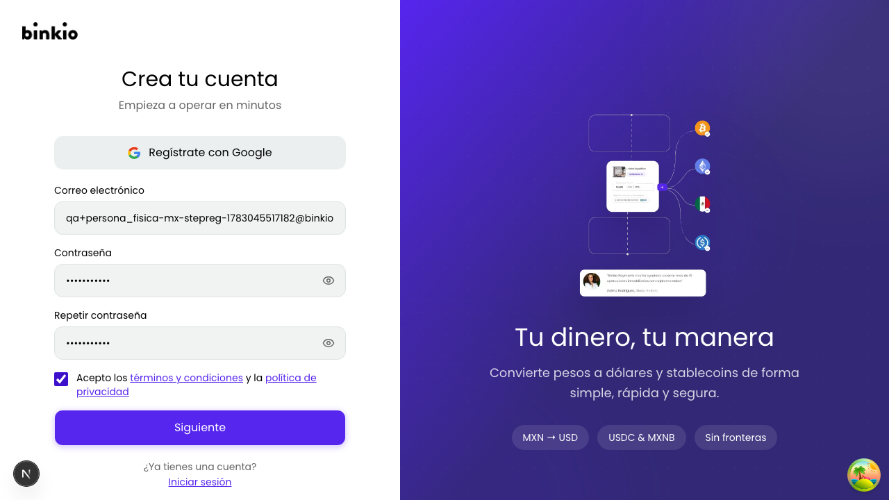 Registro paso 1 — campos de correo, contraseña, confirmar contraseña y casilla de términos