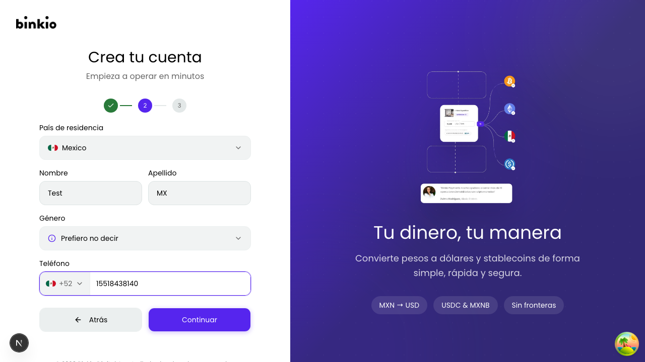 Registro paso 2 — selección de país, nombre, apellidos, género y teléfono