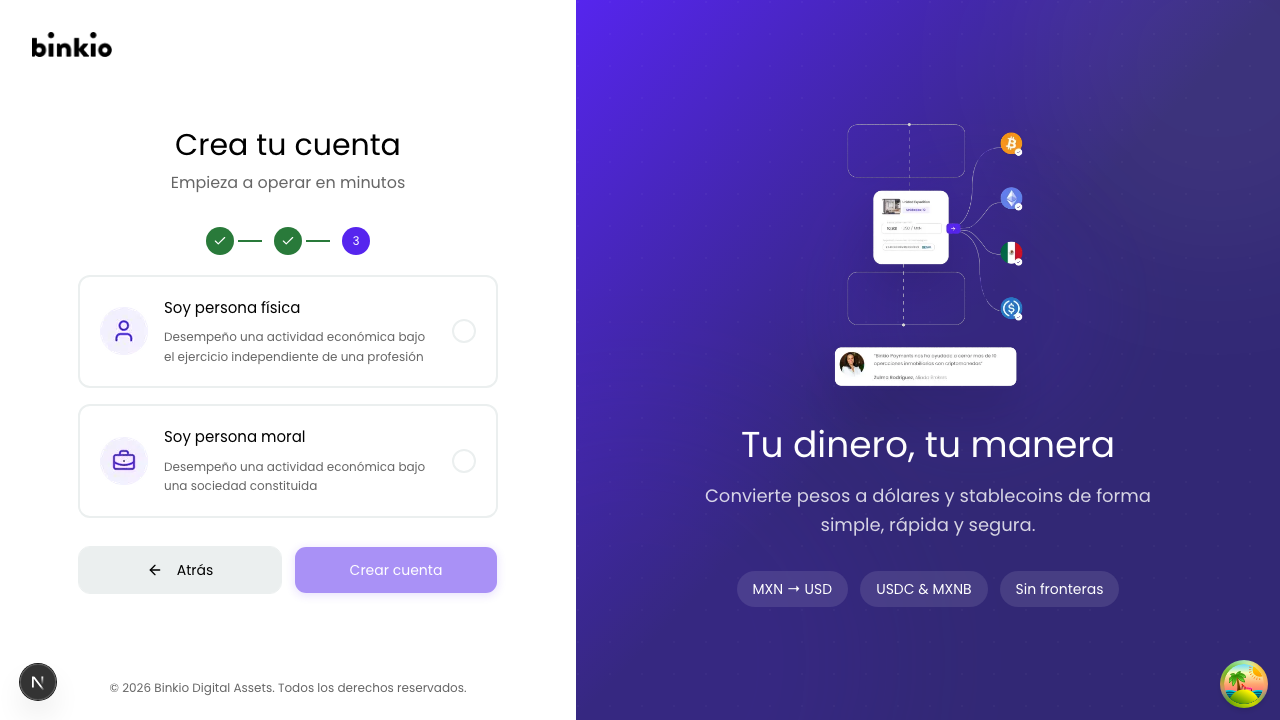 Registro paso 3 — dos tarjetas: "Soy persona física" y "Soy persona moral"