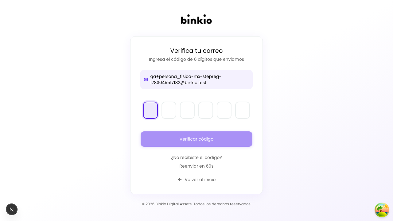 Pantalla de verificación de correo — campo de código de 6 dígitos