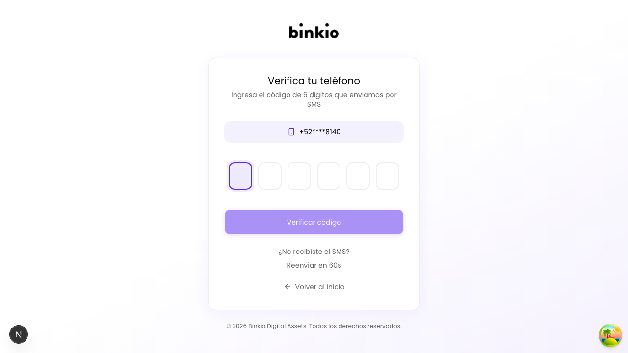 Pantalla de verificación de teléfono — campo de código de 6 dígitos